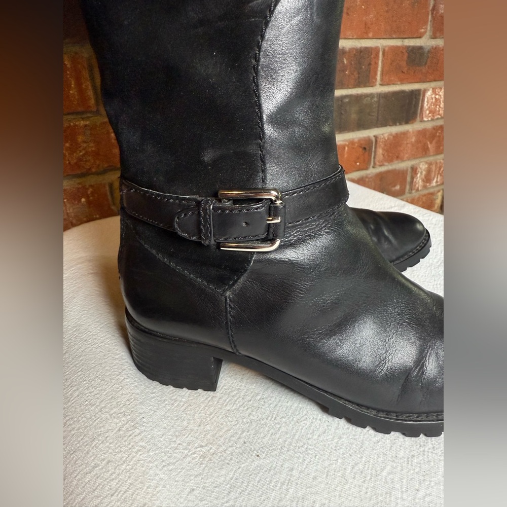 MOTO Lug Sole Etienne Aigner Knee High Black Suede Rear Zipper Boots Comfy Biker - Picture 5 of 7